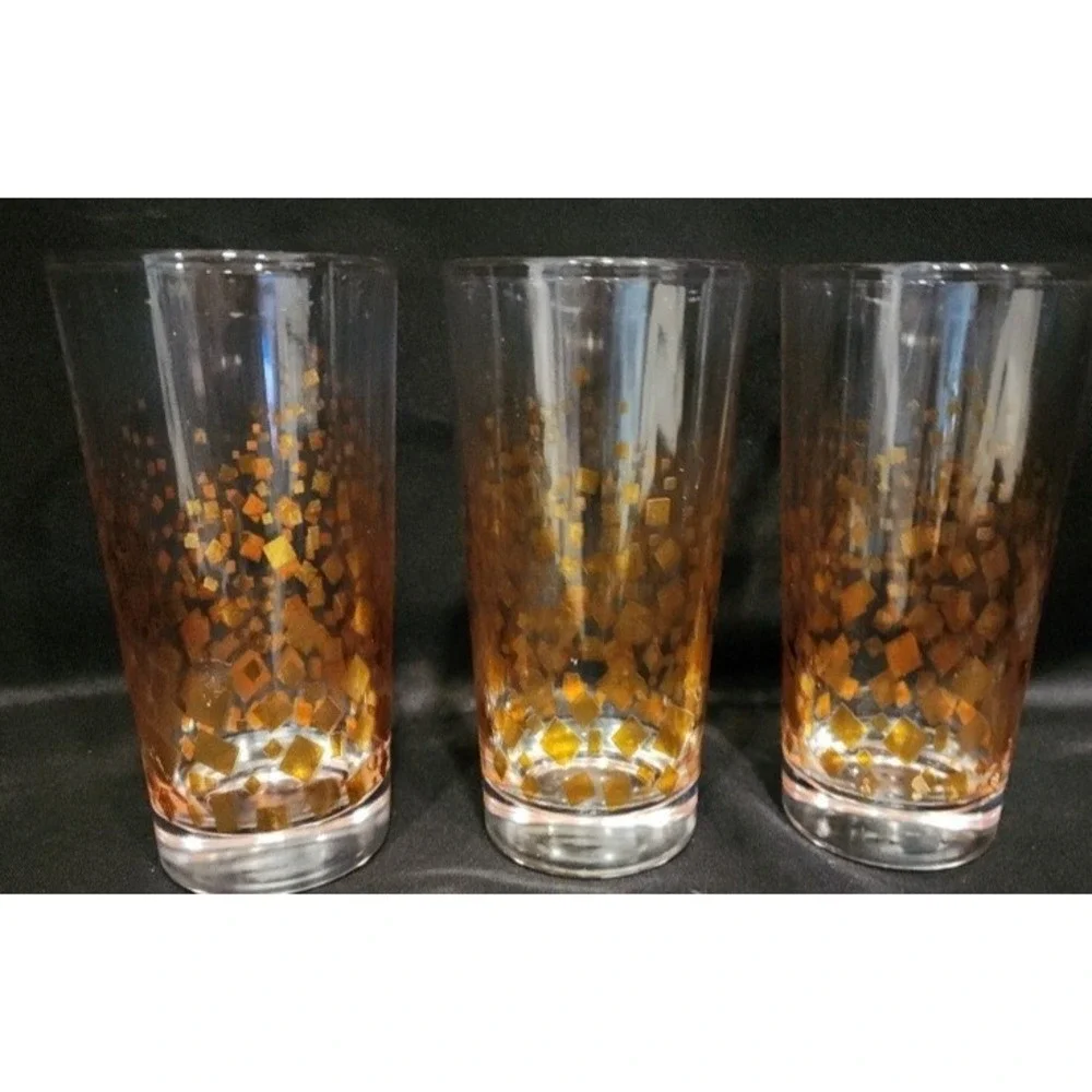 Vintage Mid-Century Mod Metallic Gold Confetti Highball Tumbler Glasses Set of 3